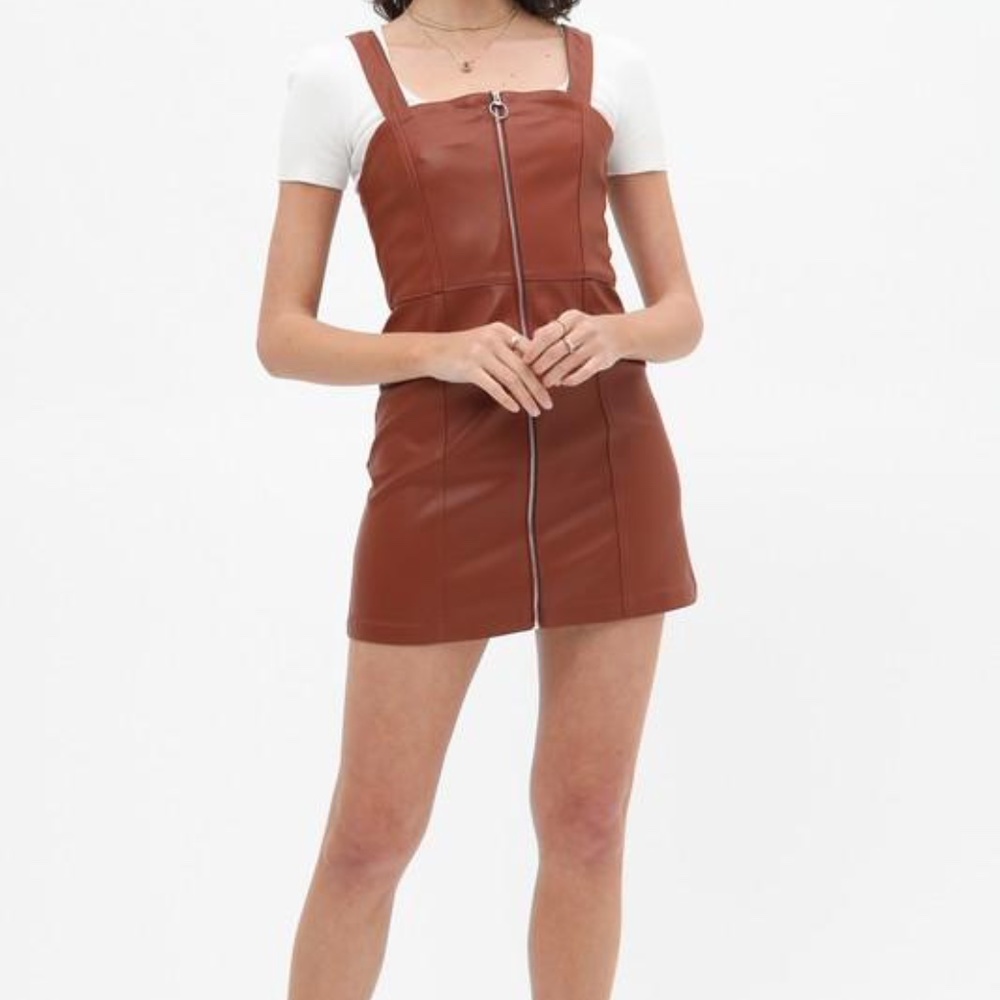 NWOT Love Tree Brown Zip Front Sleeveless Faux Leather Dress, Size S